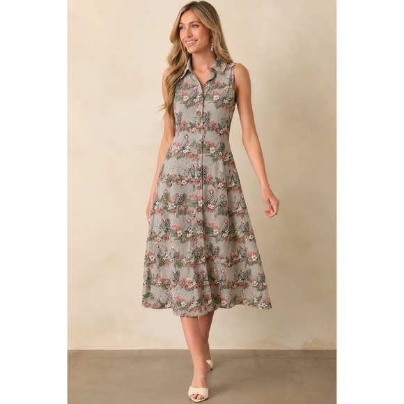 Bombay Paisley Dresses & Skirts - Bombay Paisley Tropical Parrot Print Button Front Midi Dress Small Cottagecore
